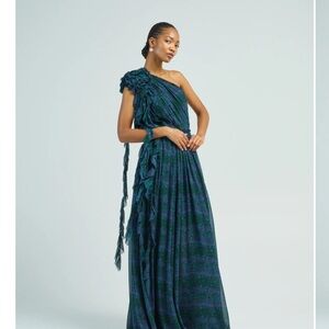 Ulla Johnson One-Shoulder Dress in Teal and Navy